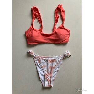 Aerie Large Bikini Set Pink Ruffled Top + Tie-Dye Ruffled Cheekiest Bottom NWT